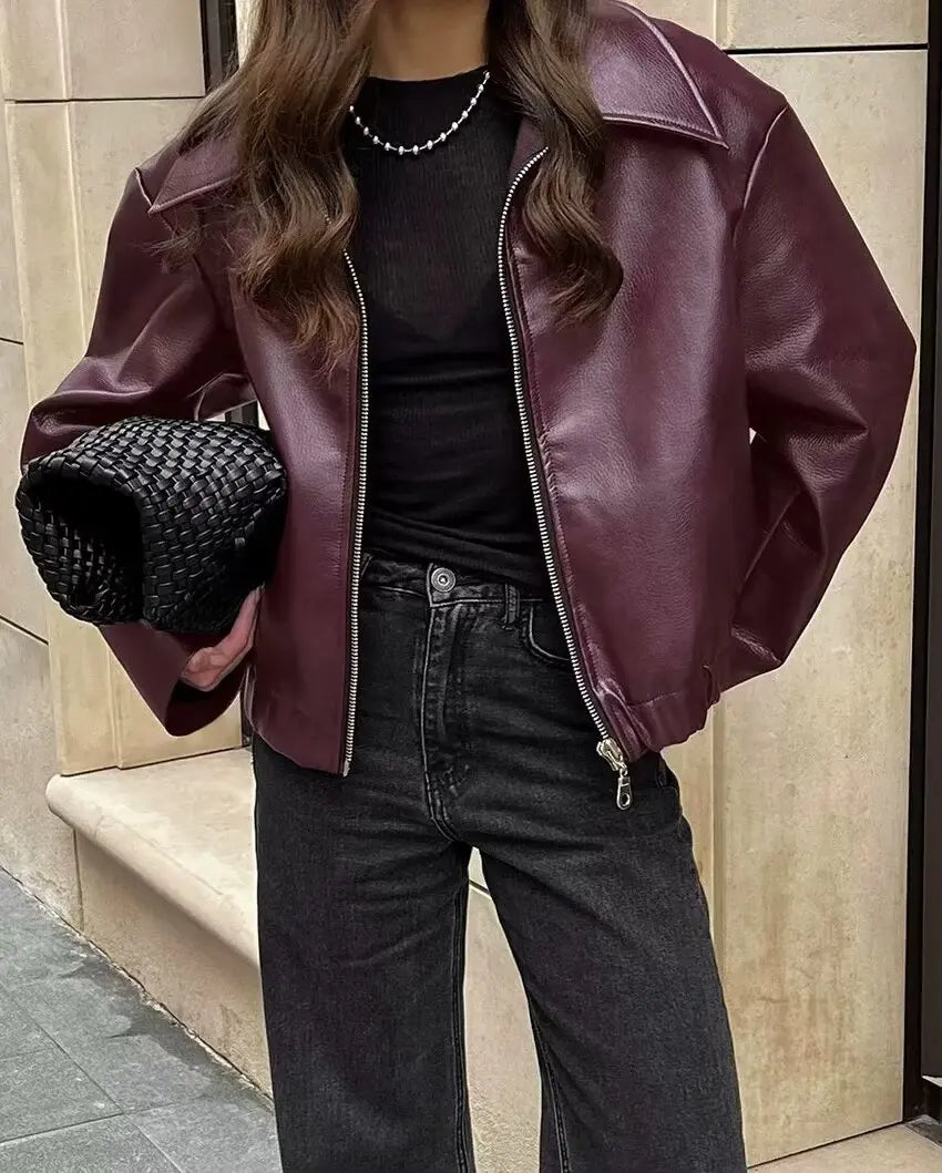 Women's Leather Jacket Zipper Front Classic Lapel Collar - Vonnera