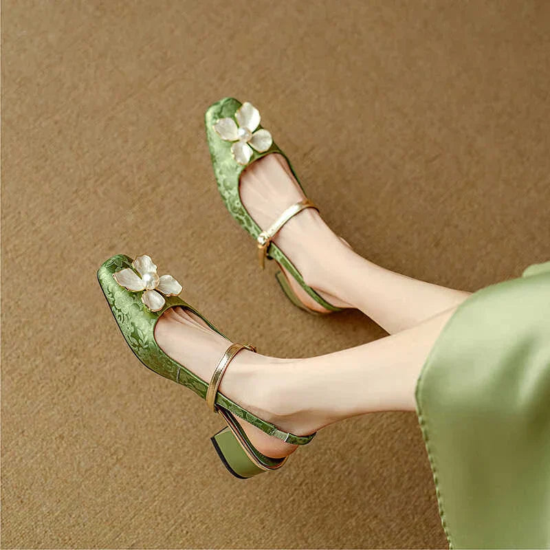 Women's Floral Slingback Pumps Square Toe Block Heel Shoes