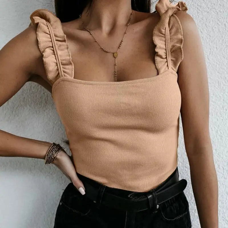 Women's Ribbed Sleeveless Ruffle