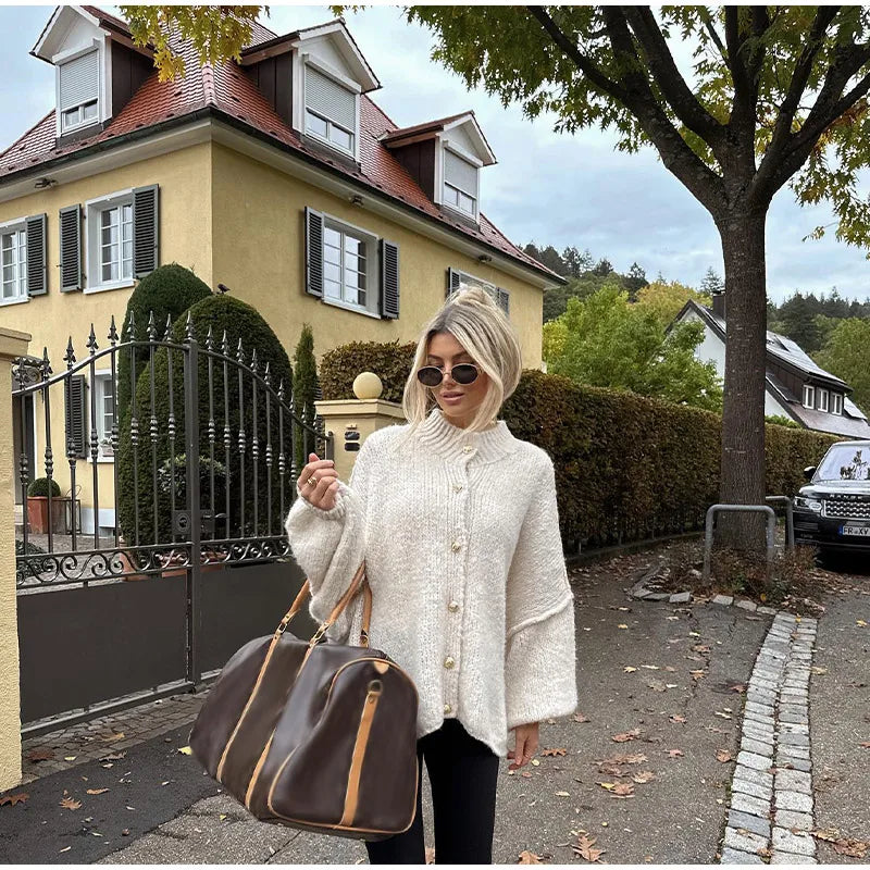 Women's Cardigan Sweater Ribbed Knit Cuffed Sleeves