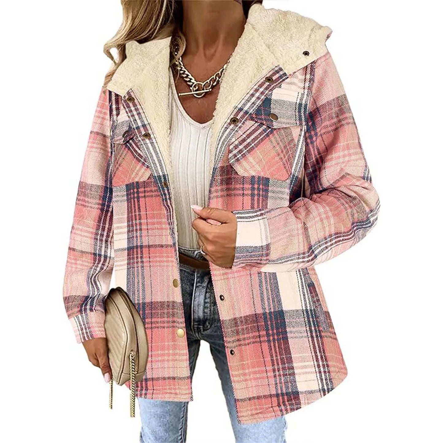 Women's Plaid Sherpa Jacket Soft Button - Vonnera