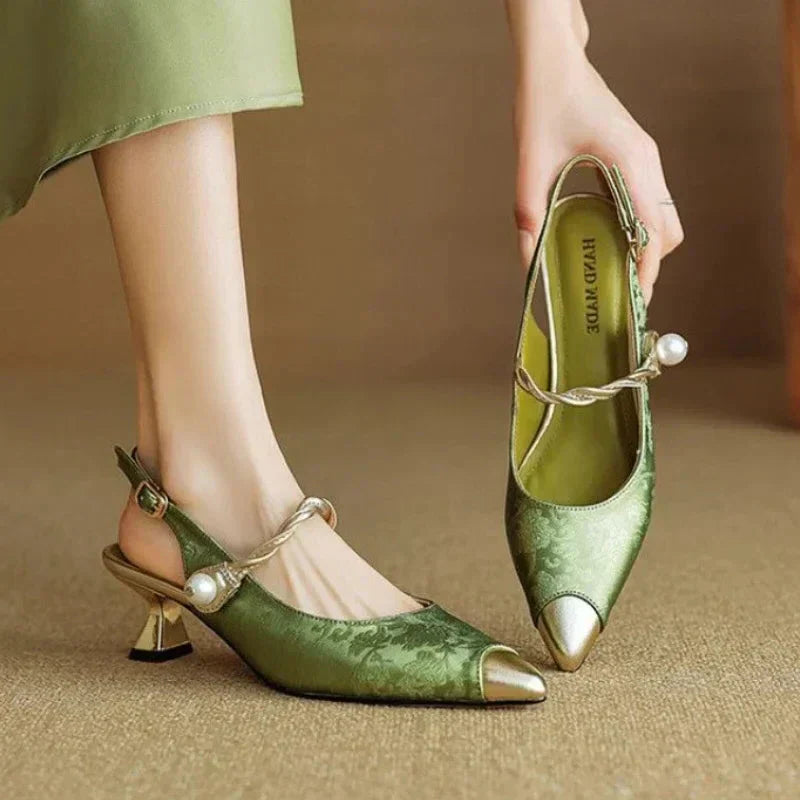 Women's Pearl Kitten Heel Pumps Pointed Toe Slingback - Vonnera