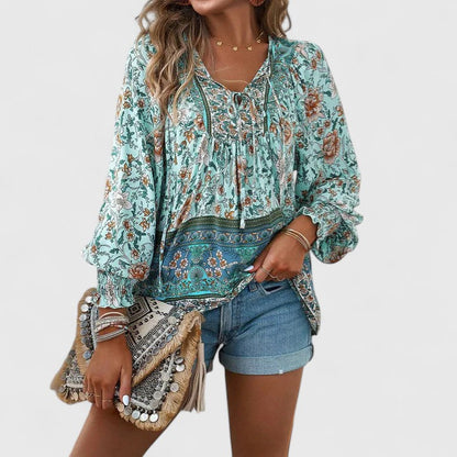 Women's Floral Blouse V-Neck Puff Sleeve