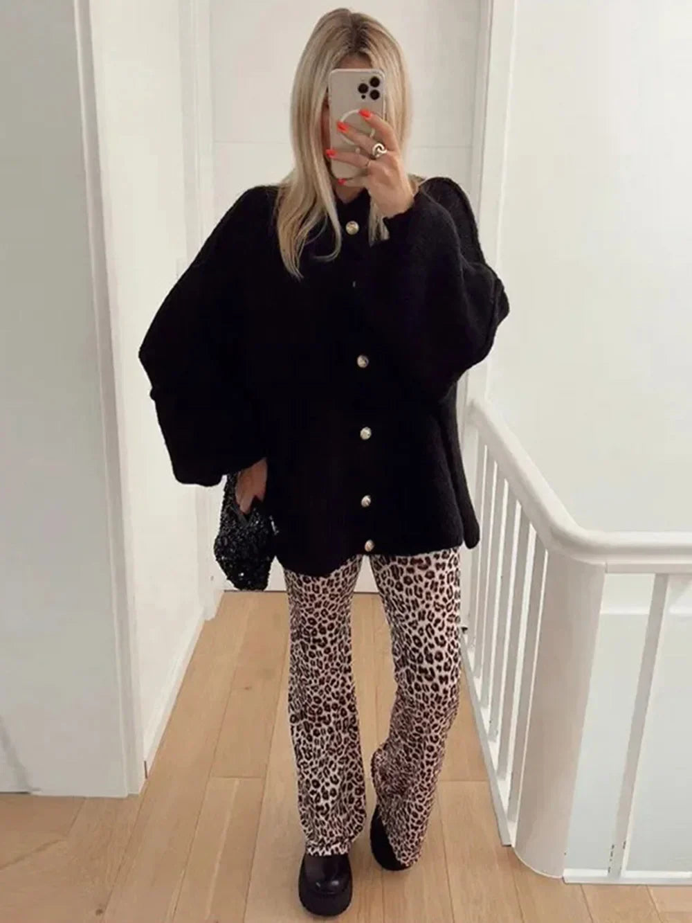 Women's Bat Sleeve Cardigan Wool Blend Lapel Detail Black