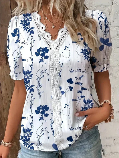 Women's V-Neck Blouse Floral Lace