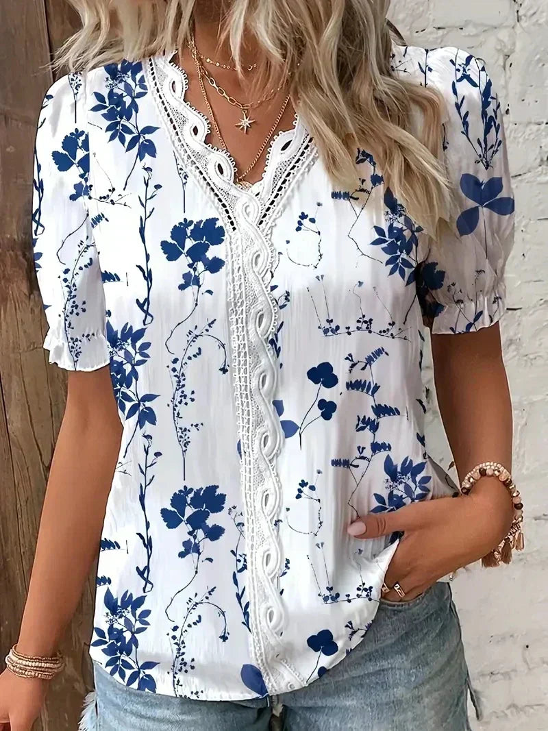 Women V-Neck Blouse Leaf Print