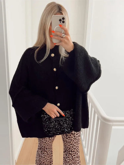 Women's Cardigan Sweater Ribbed Knit Cuffed Sleeves
