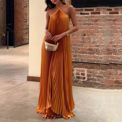 Women's Pleated Halter Maxi Dress Evening Wear - Vonnera