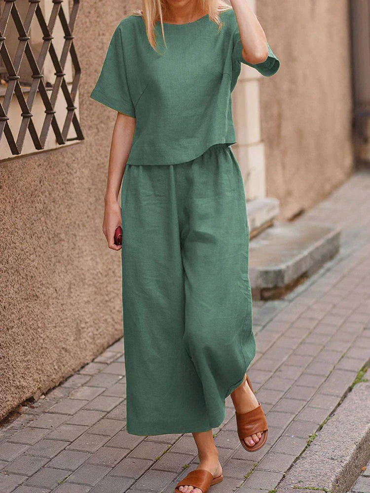 Women's Summer Two Piece Crew Neck T-Shirt And Wide Leg Pants