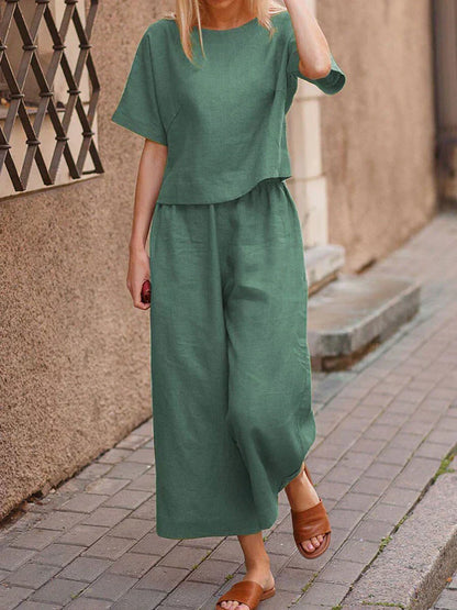 Women's Summer Two Piece Crew Neck T-Shirt And Wide Leg Pants