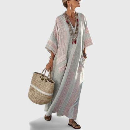 Women's Striped Linen Maxi Dress With Pockets