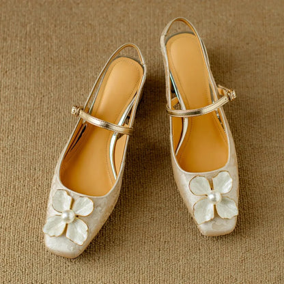 Women's Floral Slingback Pumps Square Toe Block Heel Shoes