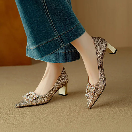 Stella | Women's Glitter Block Heel Pumps Pointed Toe Crystal Buckle