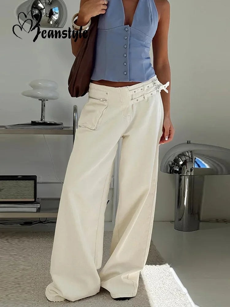 Women's Mid Rise Jeans Wide Leg with Pockets Light Blue