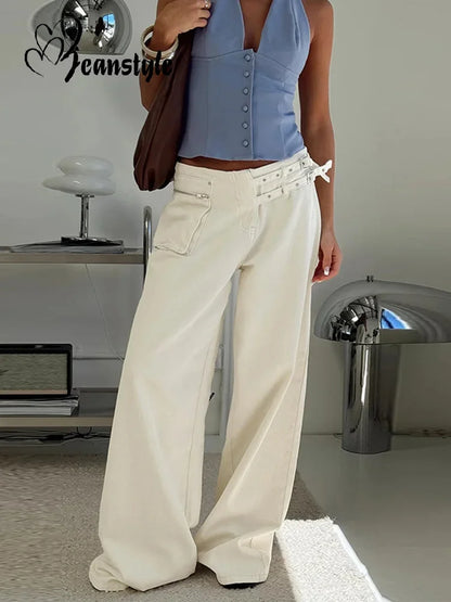 Women's Mid Rise Jeans Wide Leg with Pockets Light Blue