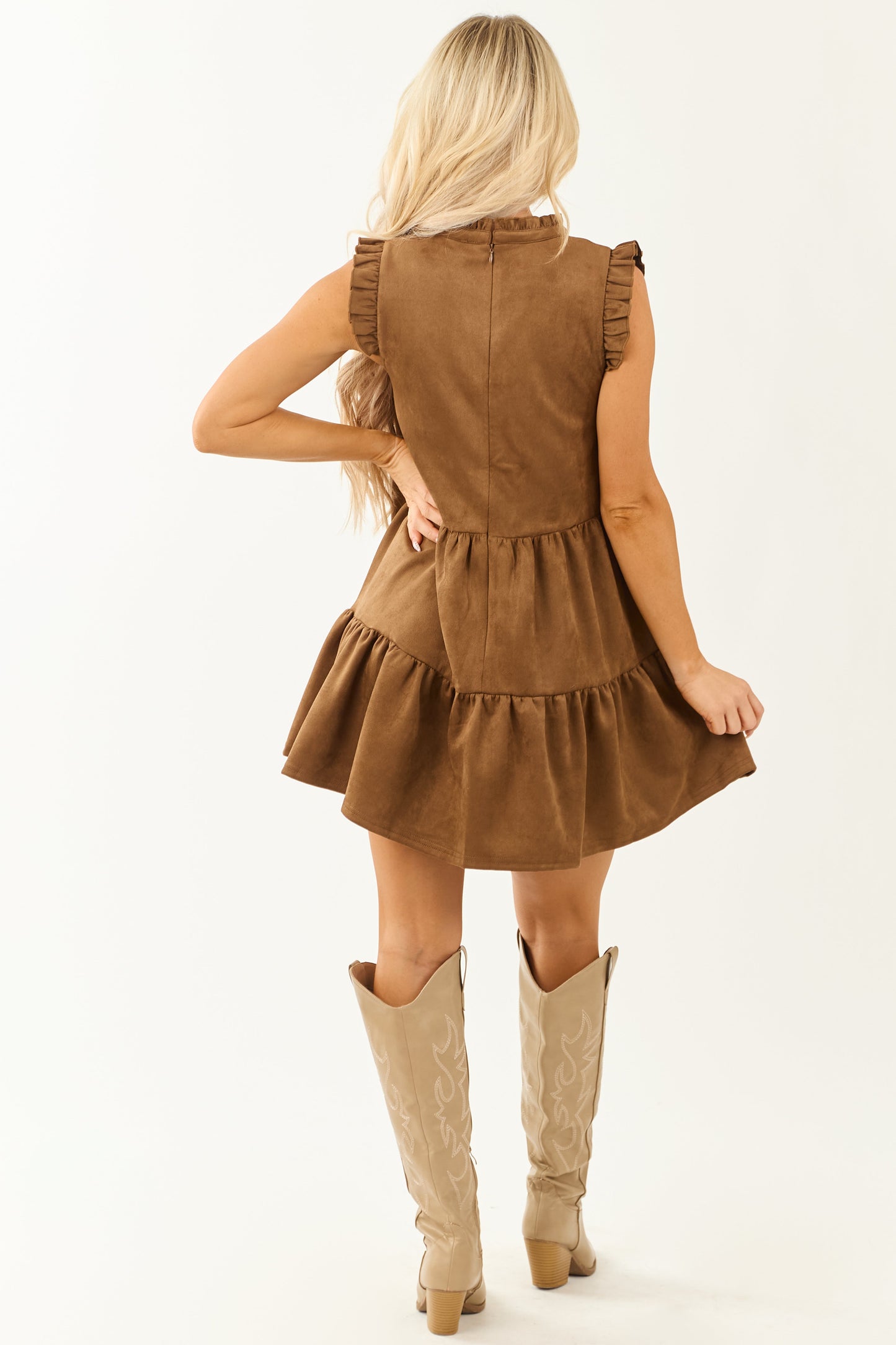 Women's Faux Suede Mini Dress Frill Cuffs