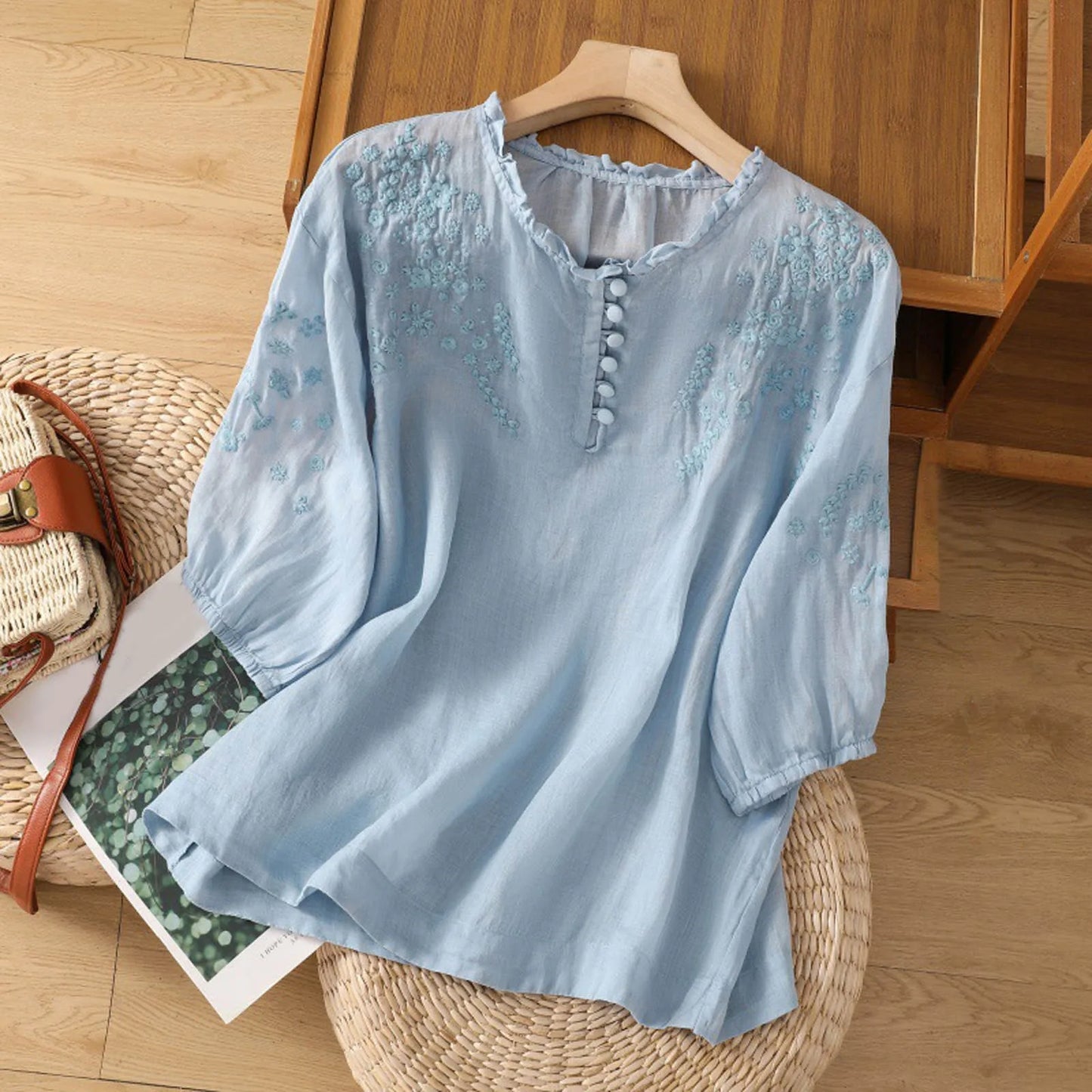 Women's Puff Sleeve Blouse Floral Detail - Vonnera