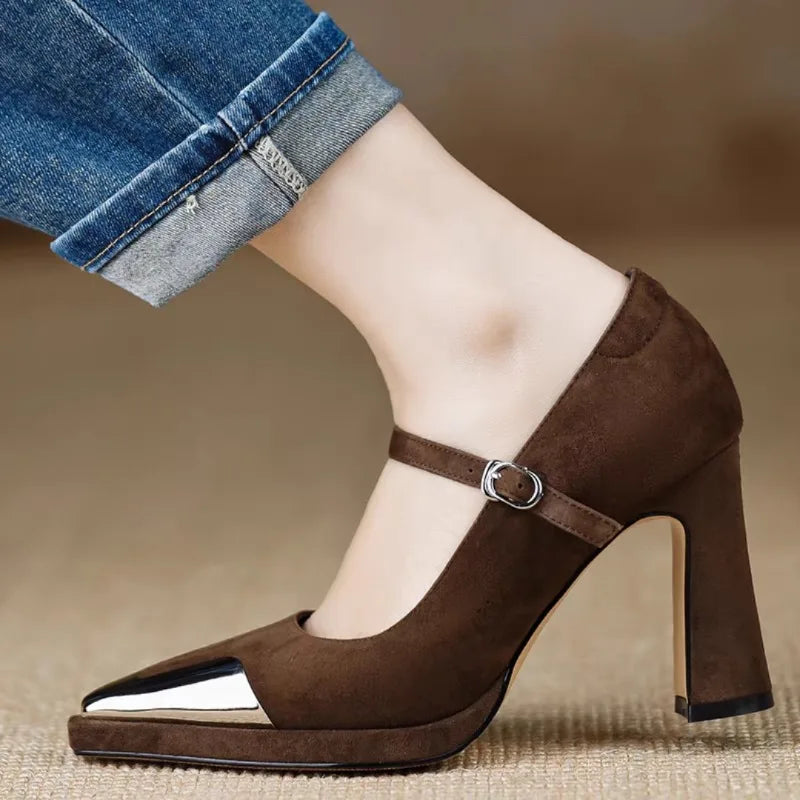 Serena Women's Block Heel Pumps Cap Toe Strap