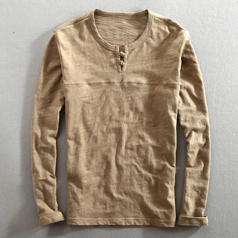 Men's Long Sleeve Henley Cotton Shirt