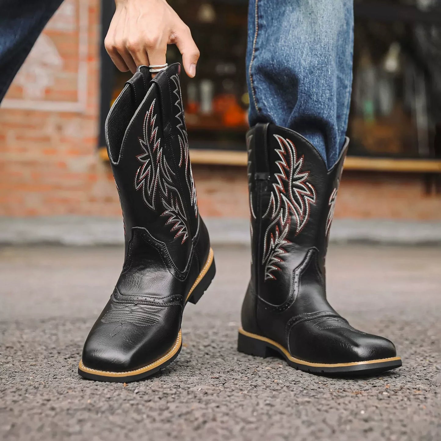 Men's Western Cowboy Boots Mid-Calf Square Toe Leather Brown