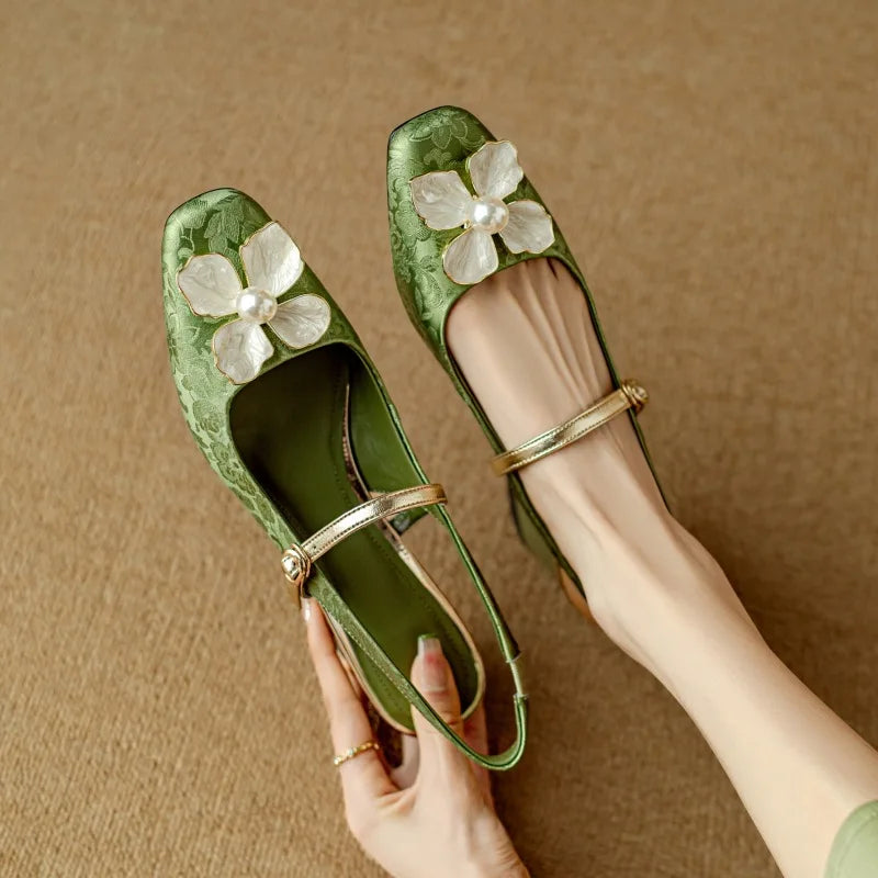Women's Floral Slingback Pumps Square Toe Block Heel Shoes