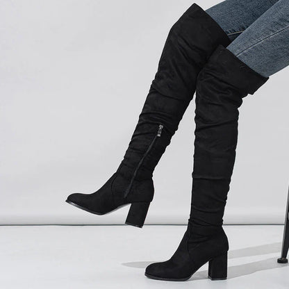 Women's Knee High Boots Pointed Toe Block Heel Slouch Design Black - Vonnera