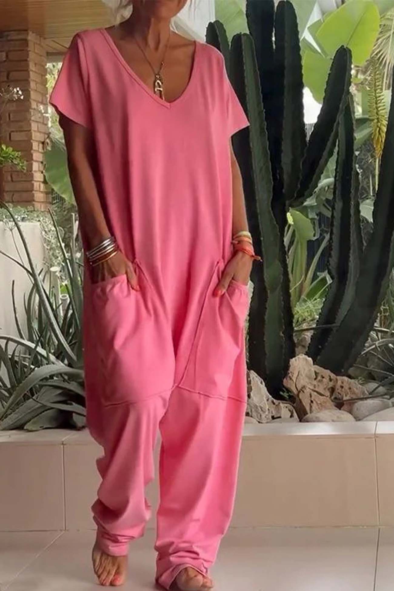 Women's V-Neck Short Sleeve Jumpsuit with Pockets - Vonnera