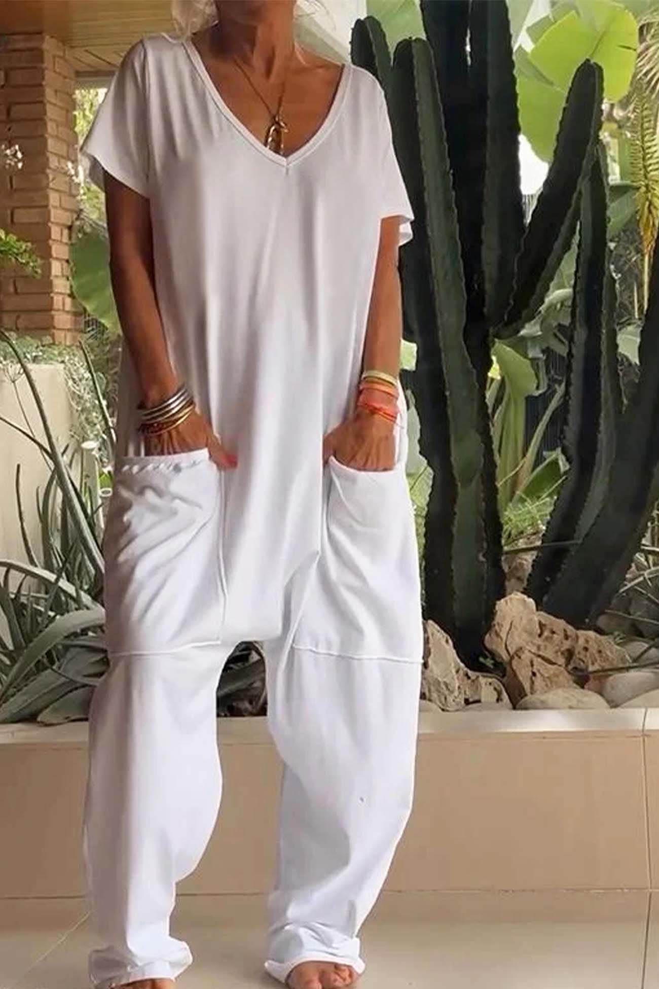 Women's V-Neck Short Sleeve Jumpsuit with Pockets