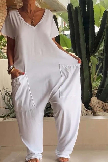 Women's V-Neck Short Sleeve Jumpsuit with Pockets