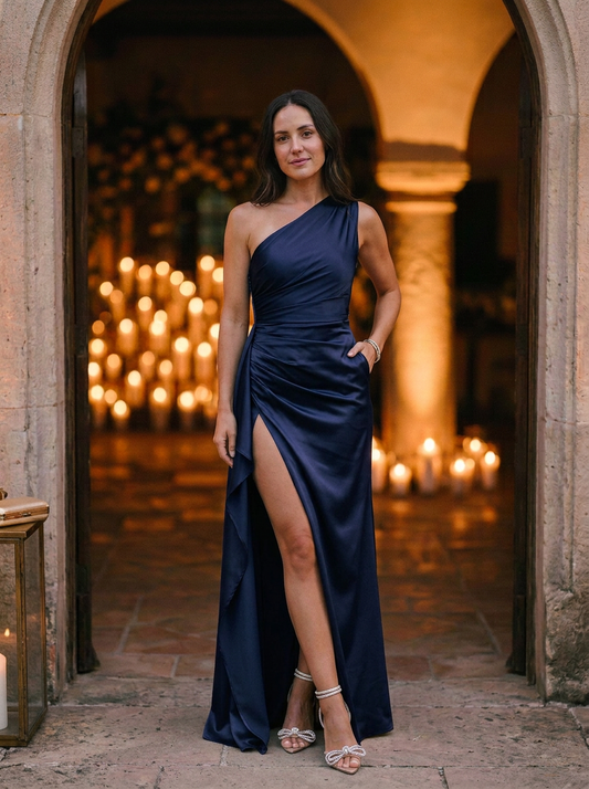 Women's One-Shoulder Maxi Dress Ruched Bodice High Slit - Vonnera