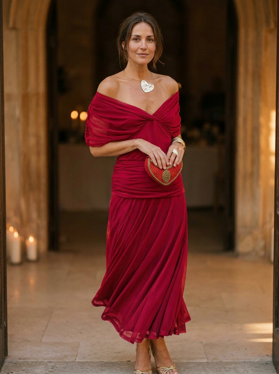 Women's Off Shoulder Pleated Midi Dress