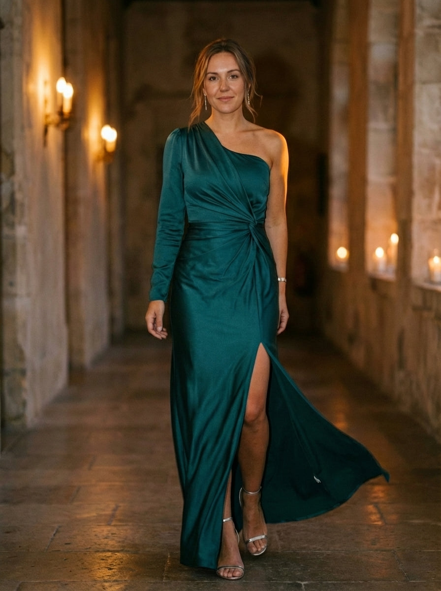 Women's One Shoulder Ruched Maxi Dress Asymmetrical Olive