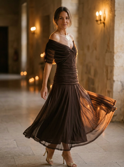 Women's Off Shoulder Pleated Midi Dress