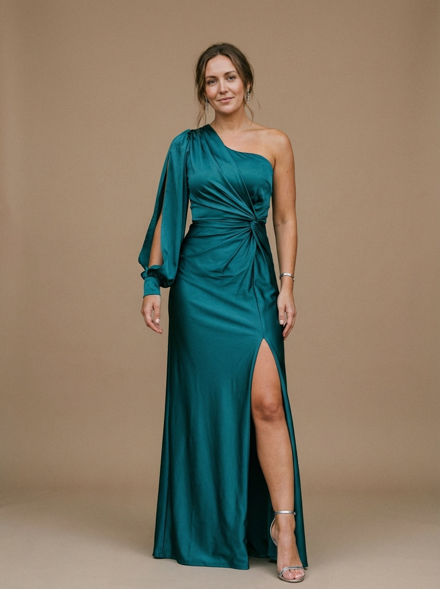 Women's One Shoulder Ruched Maxi Dress Asymmetrical Olive