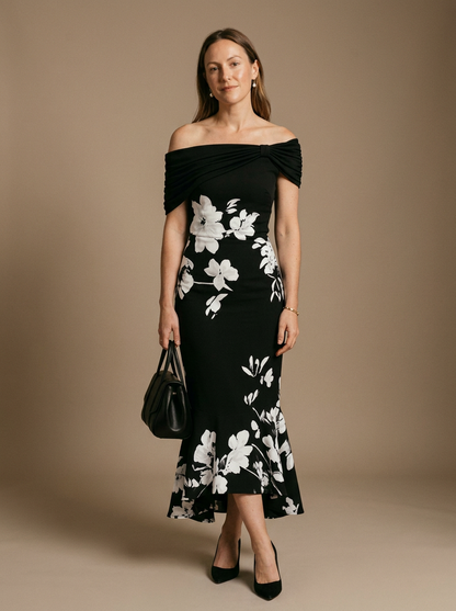Isabrunel Women's Fitted Midi Dress Floral Off Shoulder