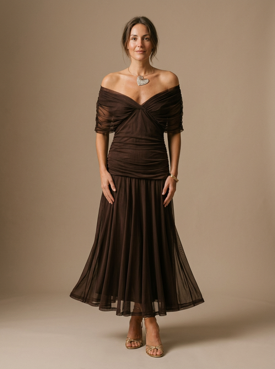 Women's Off Shoulder Pleated Midi Dress