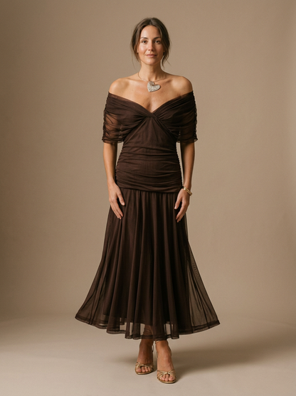 Women's Off Shoulder Pleated Midi Dress