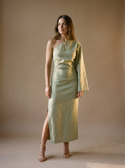Women's One Shoulder Maxi Dress Asymmetric Sleeve Side Slit