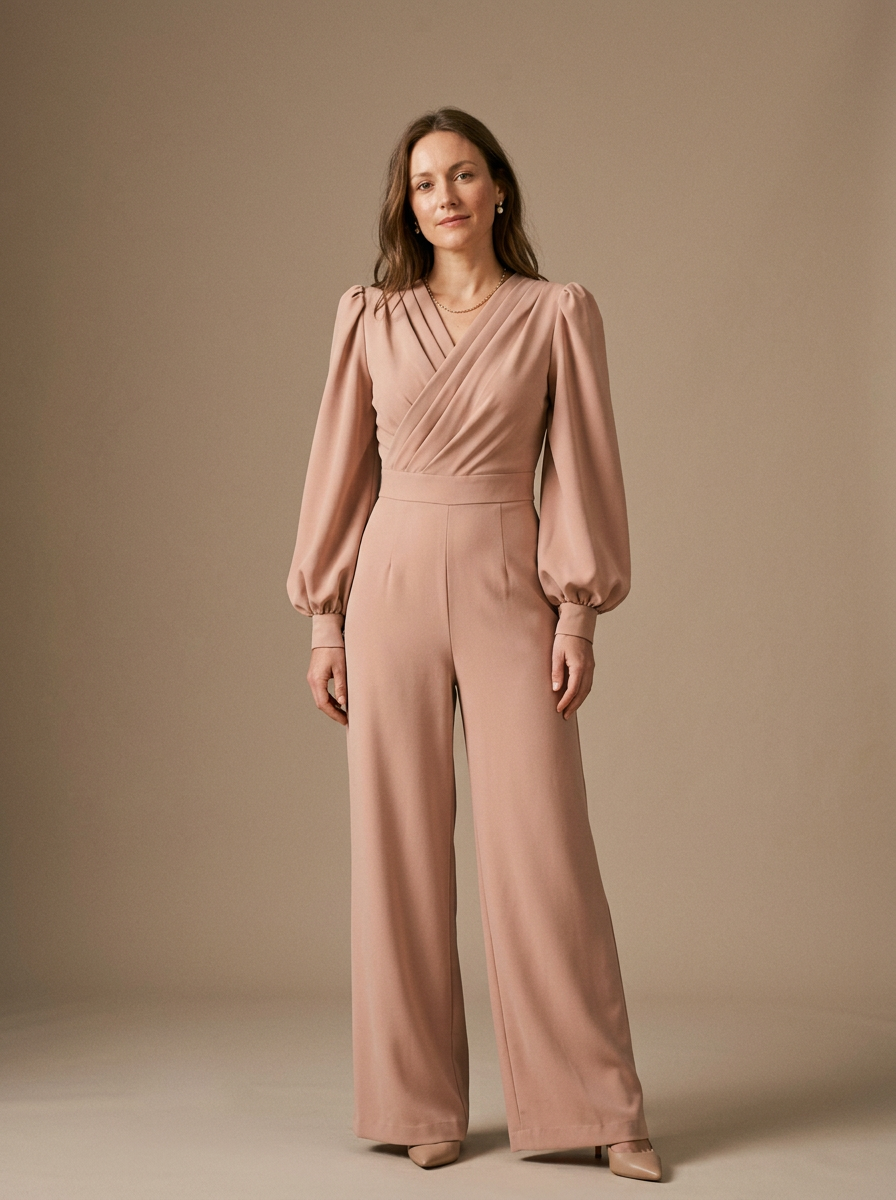 Women's V-Neck Jumpsuit Voluminous Sleeves Wide Leg