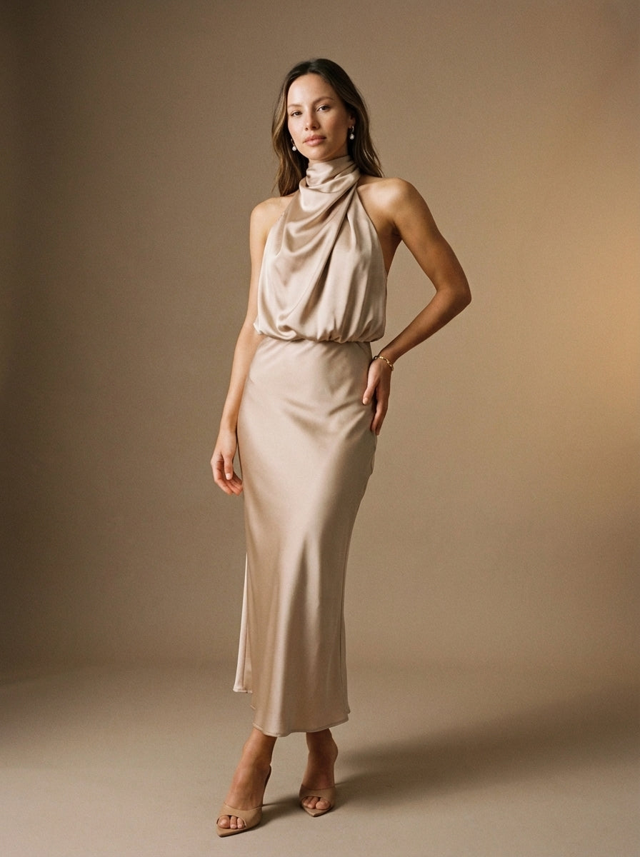 Women's Midi Dress Draped Halter Neck Twist Bodice