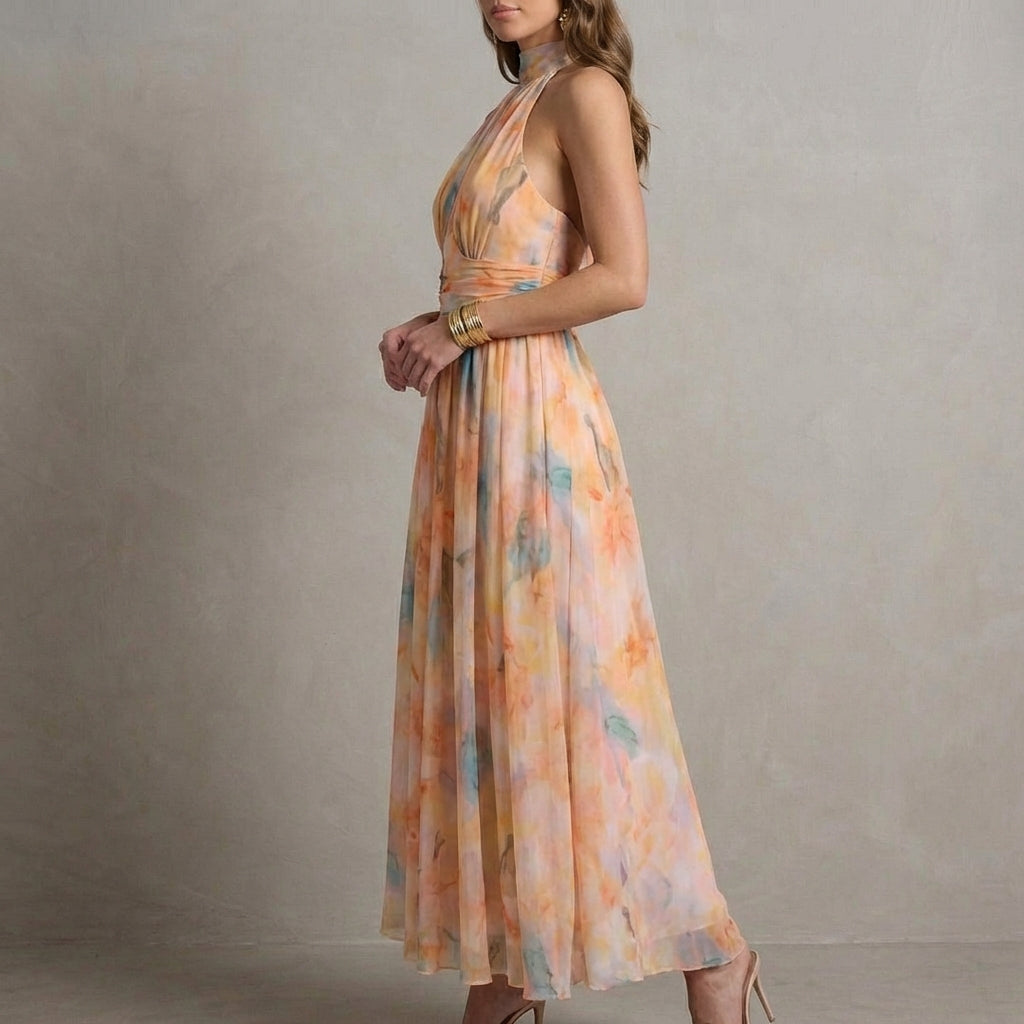 Women's Chiffon Maxi Dress Halter Neck with Waist Tie