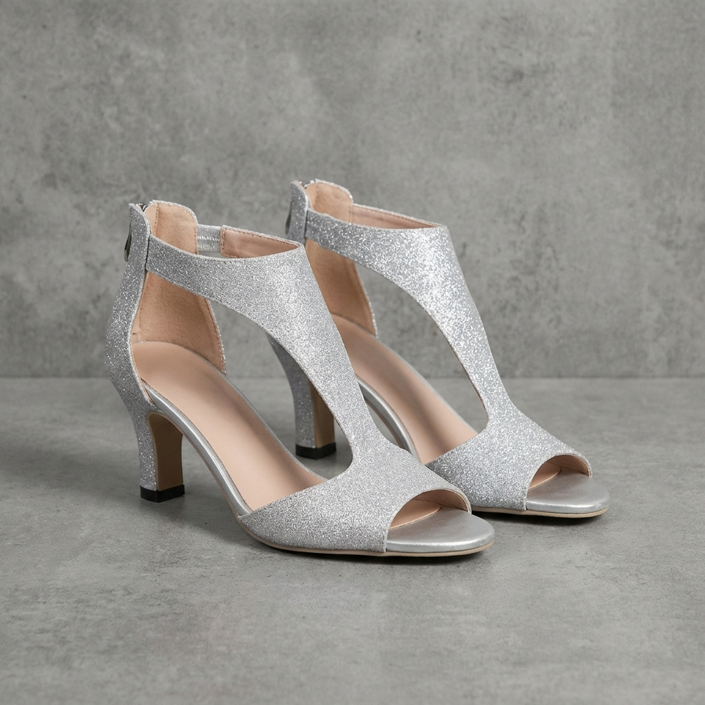 Women's Mid Heel Peep Toe Sandals Glitter Cut Out