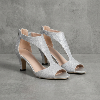 Women's Mid Heel Peep Toe Sandals Glitter Cut Out