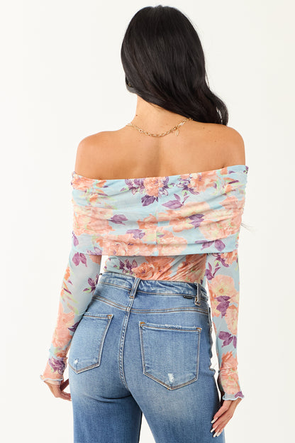 Women's Off-the-Shoulder Bodysuit Sky Blue Floral