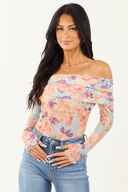 Women's Off-the-Shoulder Bodysuit Sky Blue Floral - Vonnera