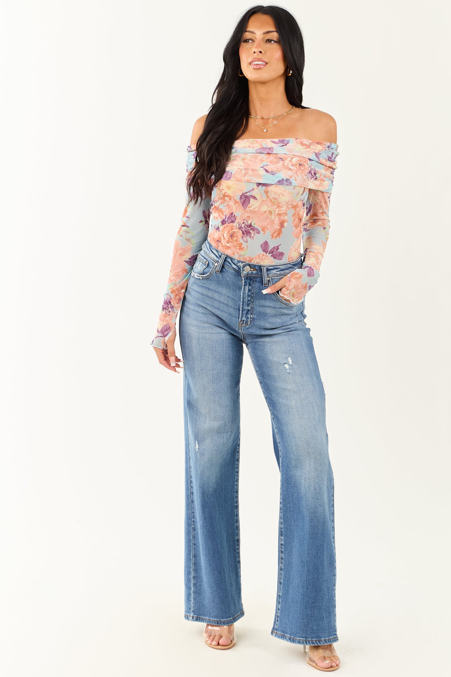 Women's Off-the-Shoulder Bodysuit Sky Blue Floral