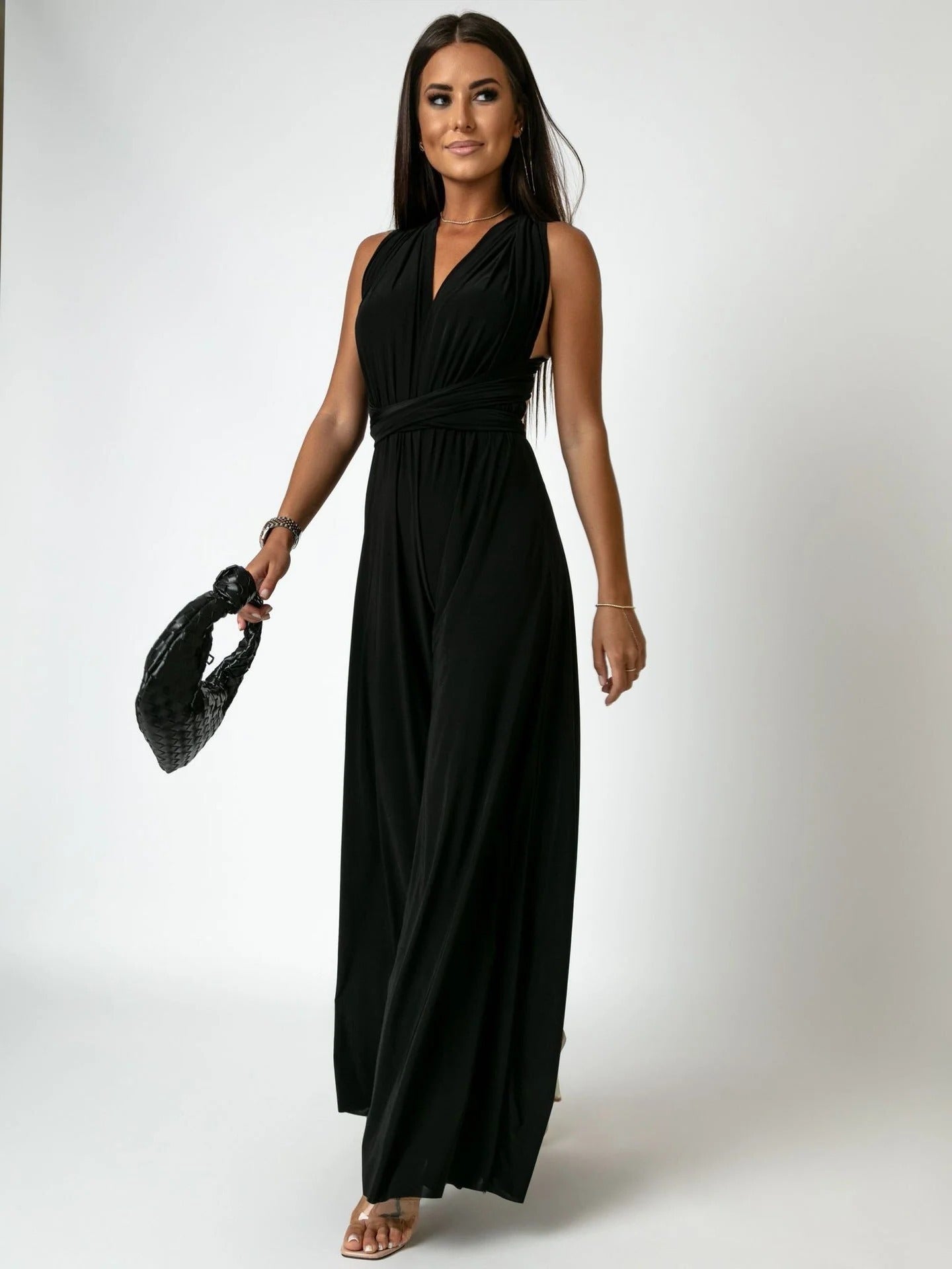 Women's Wide Leg Jumpsuit Deep V-Neck Wrap Tie Blush - Vonnera