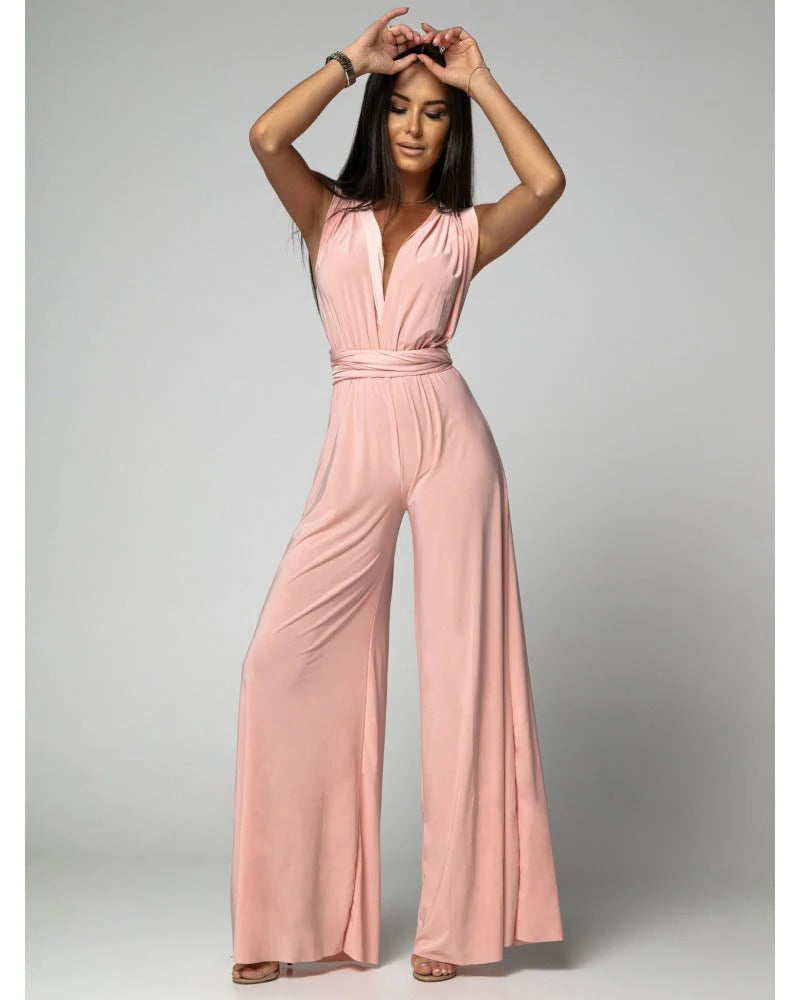 Women's Wide Leg Jumpsuit Deep V-Neck Wrap Tie Blush