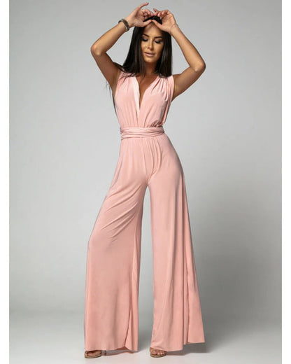 Women's Wide Leg Jumpsuit Deep V-Neck Wrap Tie Blush