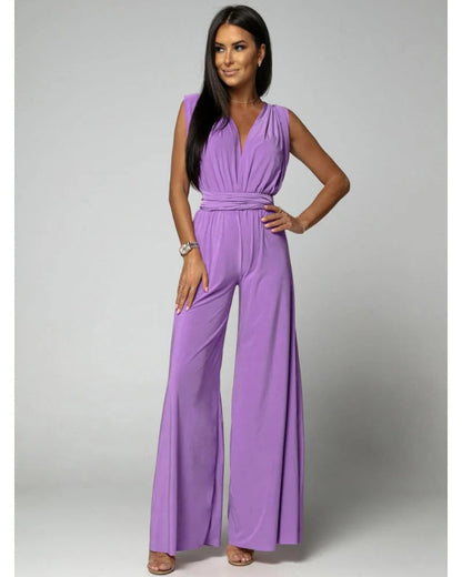 Women's Wide Leg Jumpsuit Deep V-Neck Wrap Tie Blush